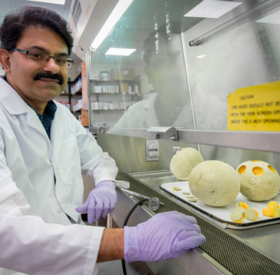 Dr. Kumar Venkitanarayanan posing in lab next to cantaloupe