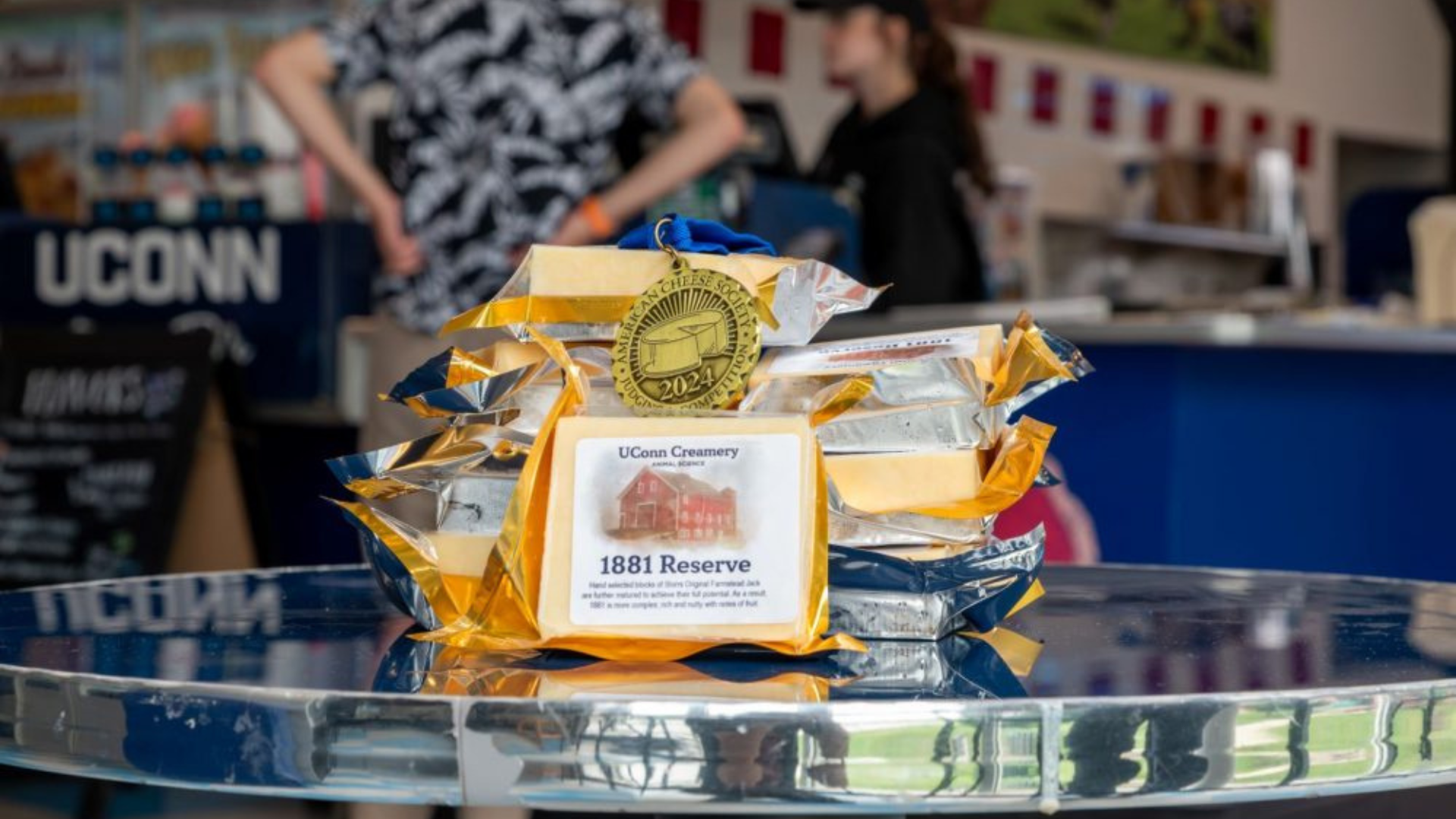 UConn's award-winning cheese on display in the Dairy Bar.