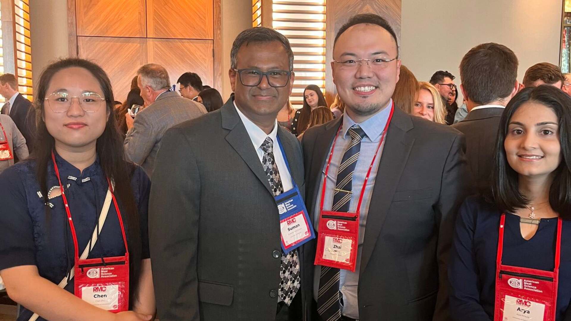 Dr. Chaoyu Zhai posing for a photo alongside his graduate students and  Dr. Suman Surandranath.