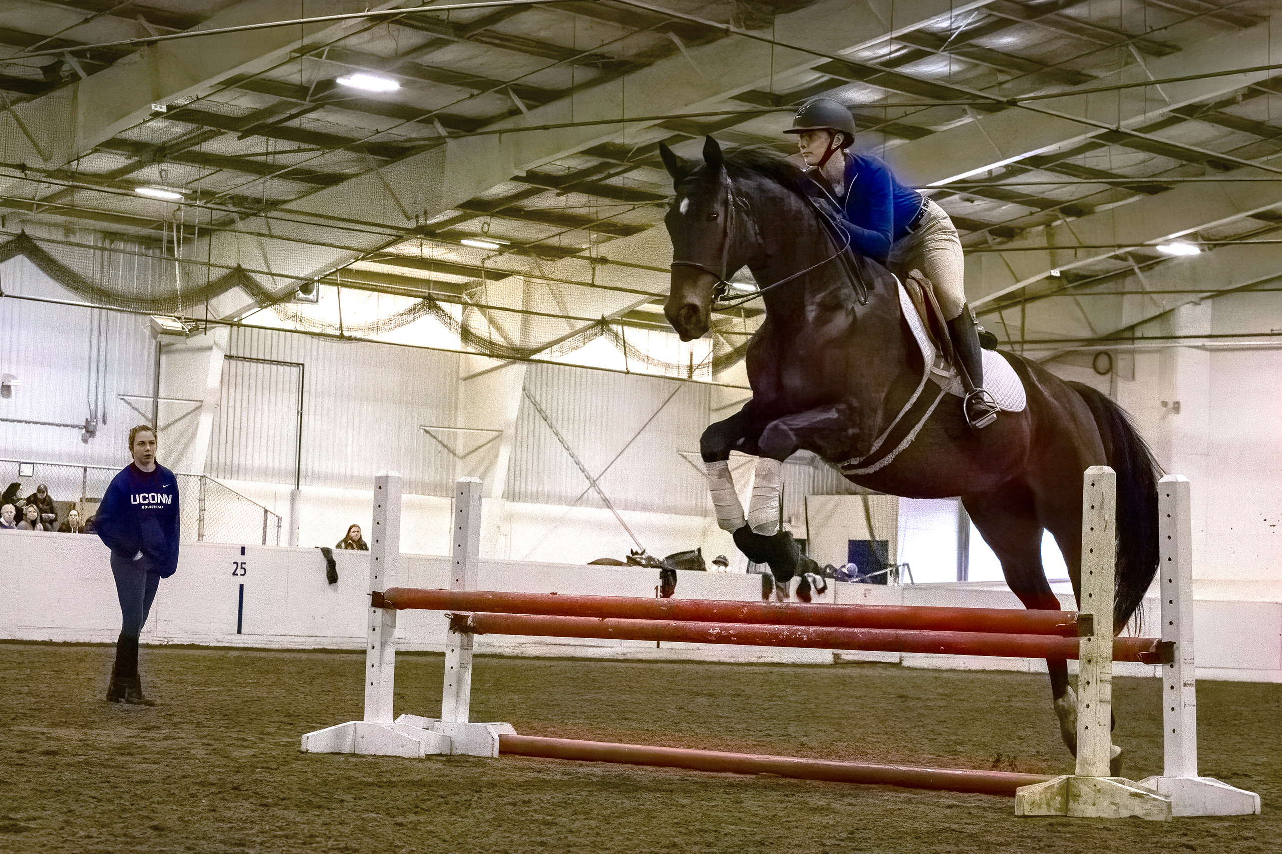 a woman jumping on her horse